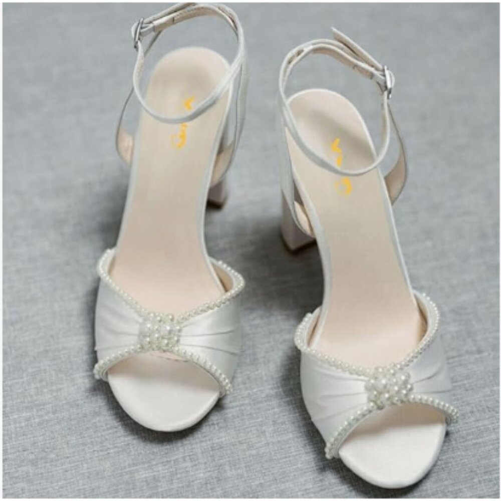 XYD White Open Toe Pearl Wedding Shoes Block Heel Sandals Ankle Strappy Shoes